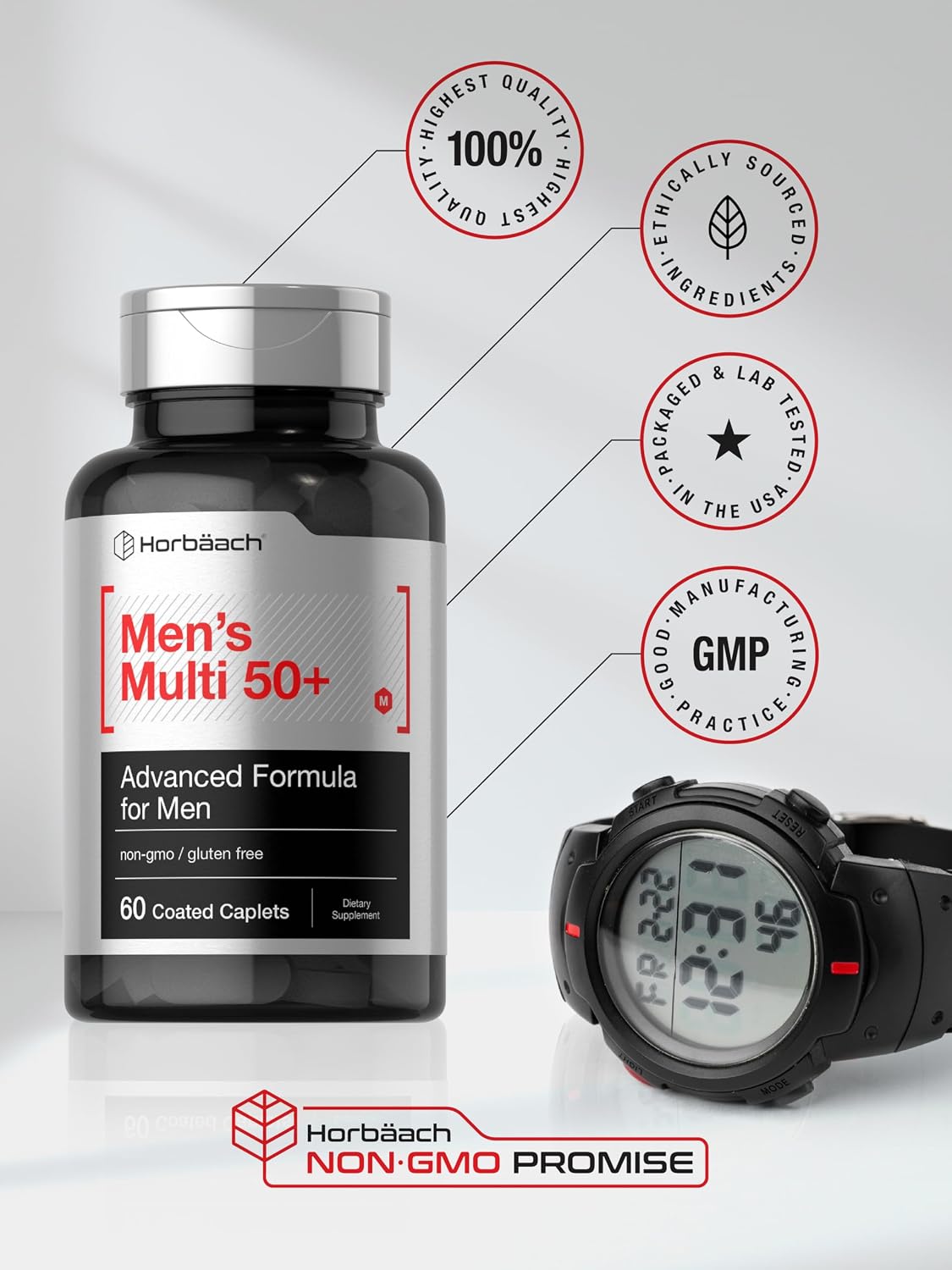 Horbäach Men's Multivitamins 50 Plus | 60 Caplets | Advanced Formula for Men Over 50 | Non-GMO & Gluten-free - görsel 7