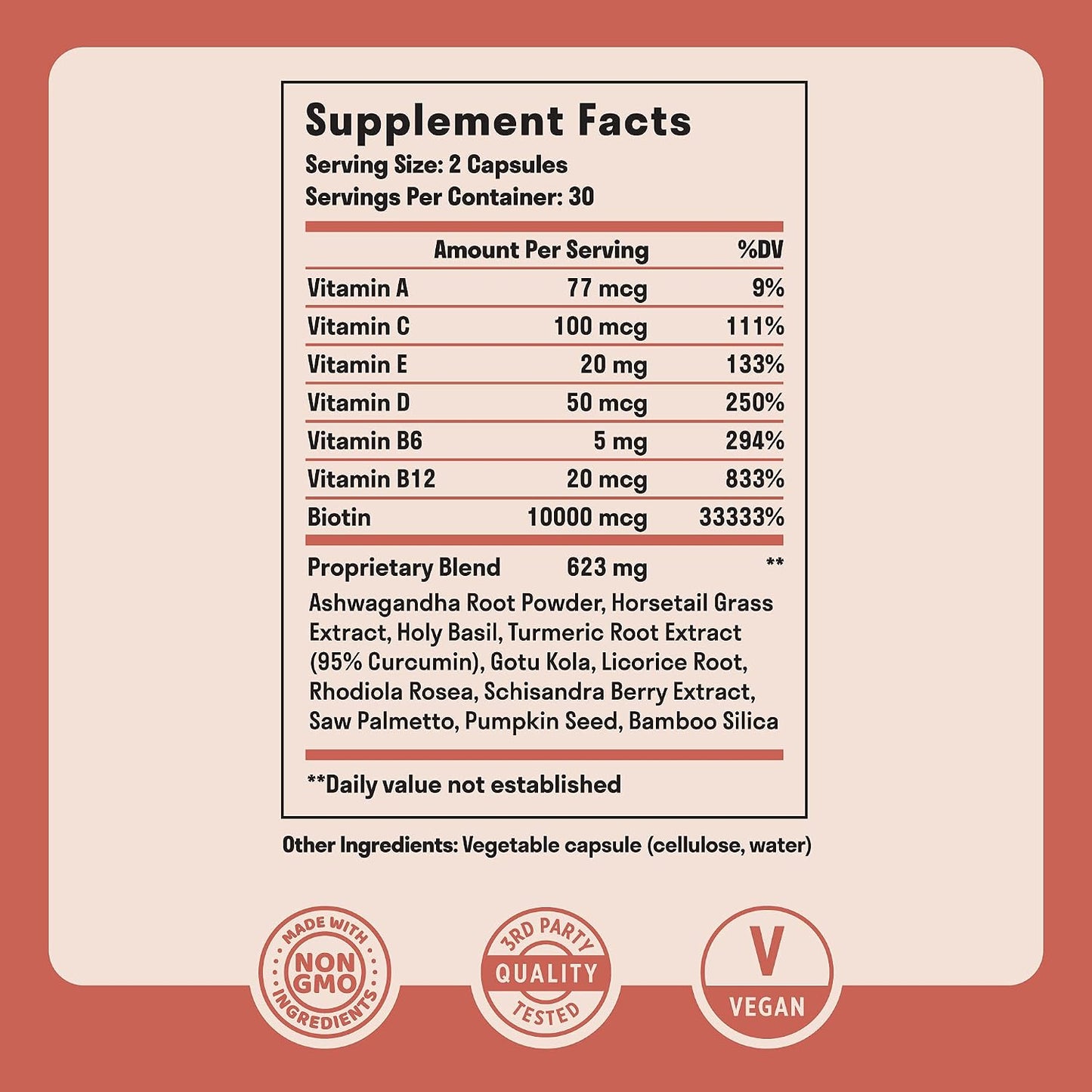 Nuven Naturals Hair Supplements - Biotin 10,000 µg with Vitamin A, E, C, D & Adaptogens - 60 Capsules - görsel 2