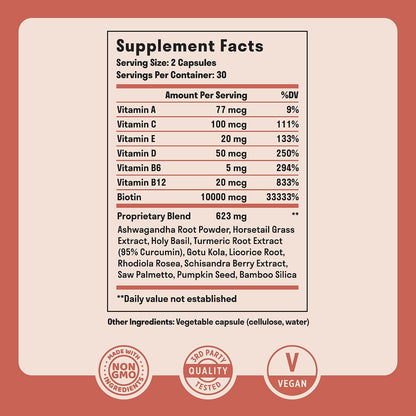 Nuven Naturals Hair Supplements - Biotin 10,000 µg with Vitamin A, E, C, D & Adaptogens - 60 Capsules
