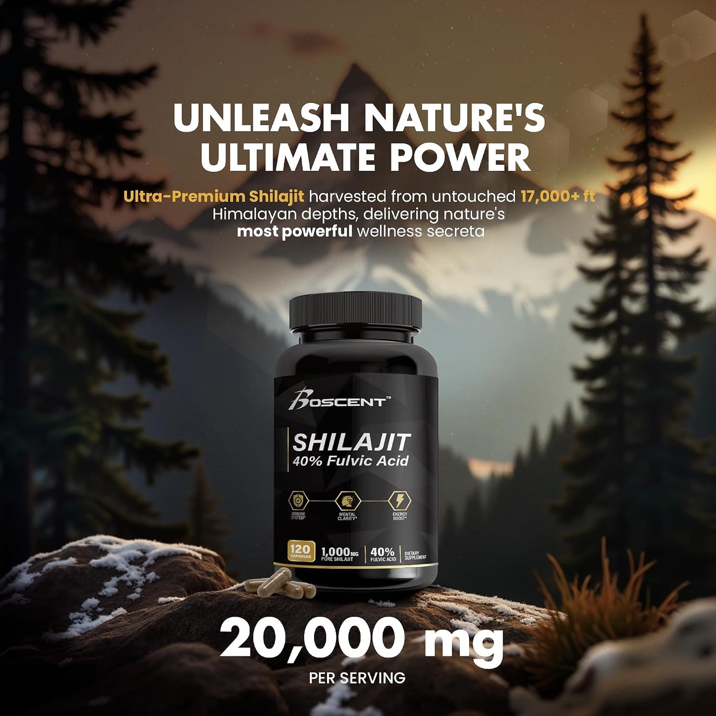 BOSCENT Shilajit Capsules 20,000mg – Pure Himalayan Shilajit with Fulvic Acid & 85+ Trace Minerals – 120 Vegan Capsules - görsel 2