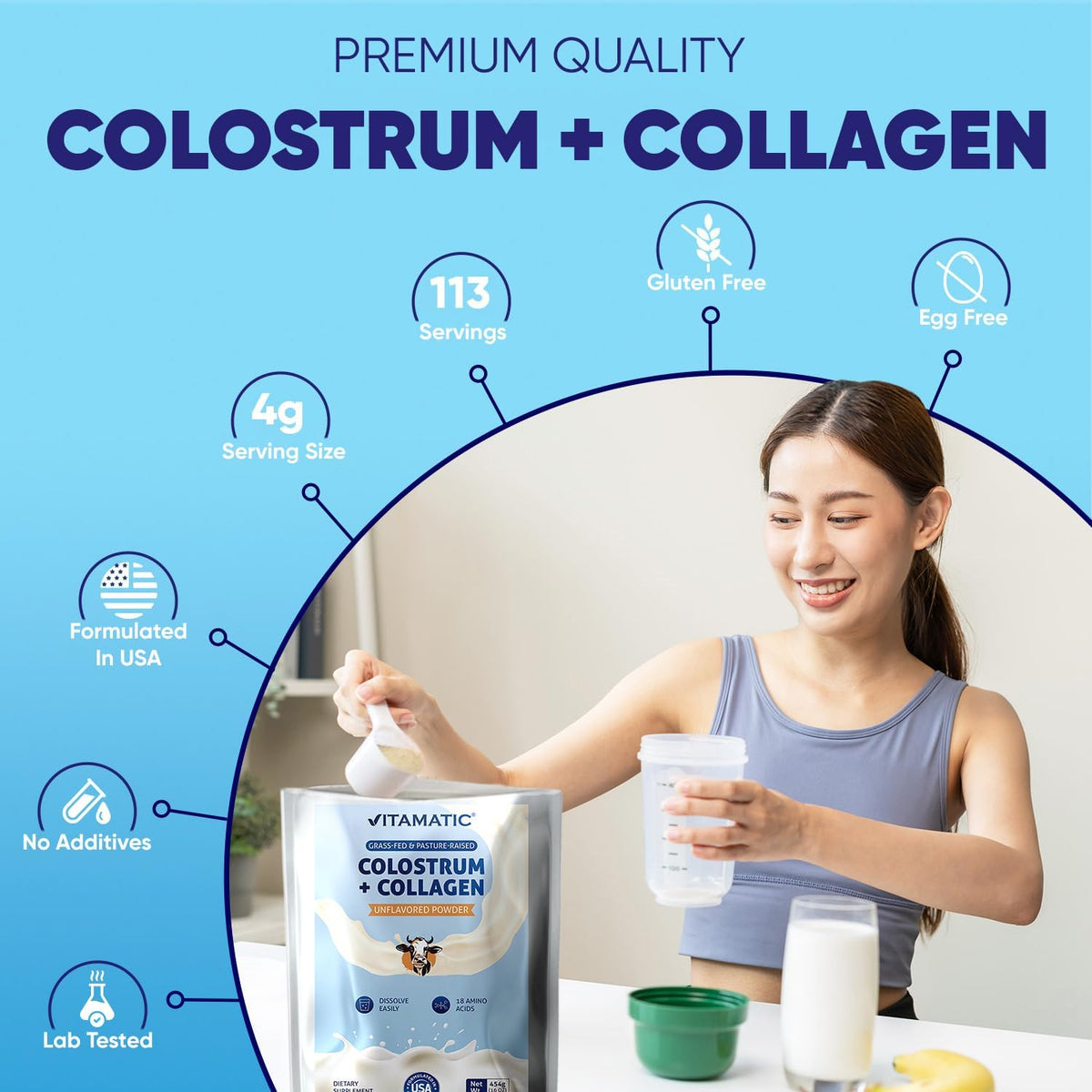 Vitamatic Bovine Colostrum + Collagen Powder - Grass-Fed, Hydrolysed, Unflavoured - 454 g (16 oz) - görsel 4