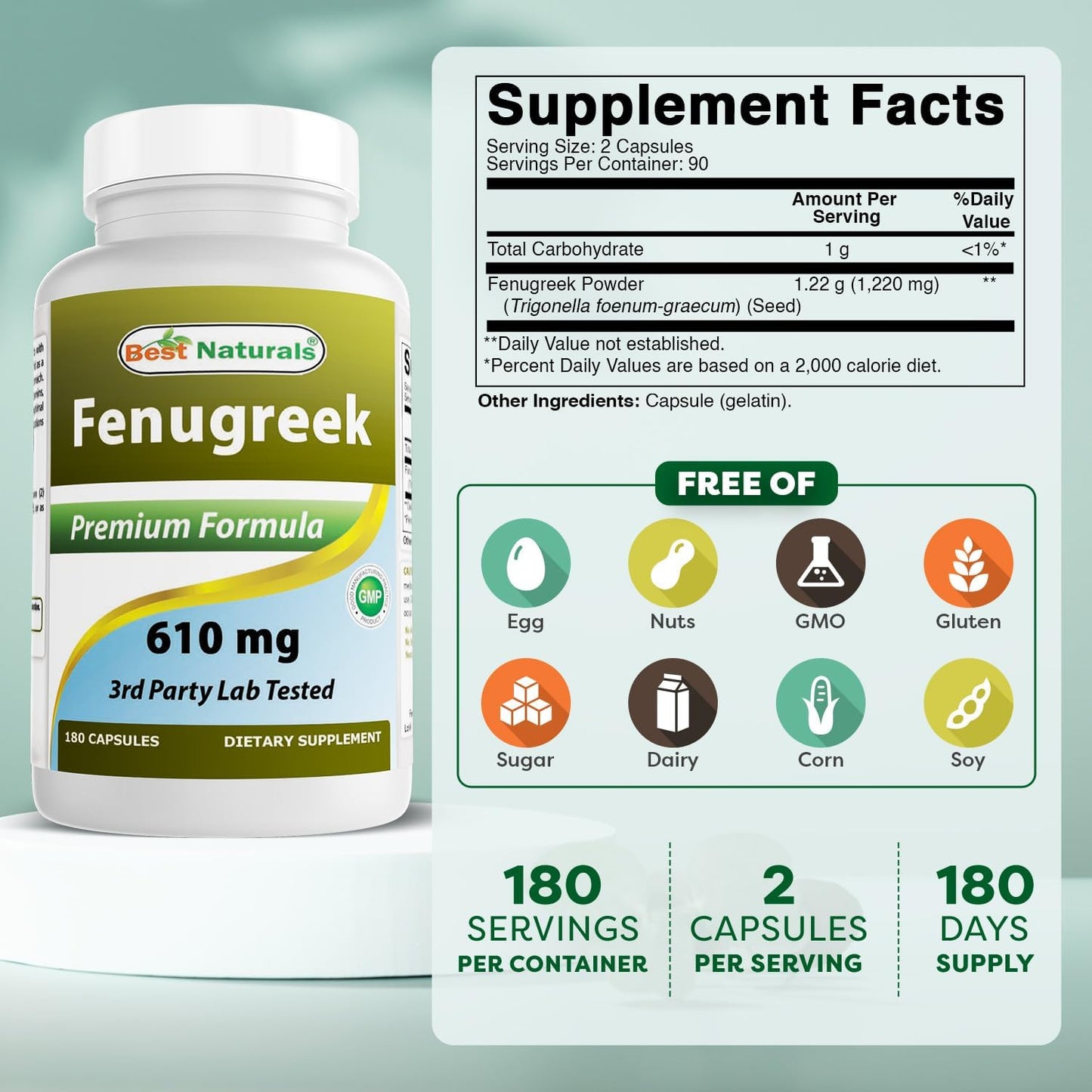 Best Naturals Fenugreek Seed 610 mg 180 Capsules - görsel 2