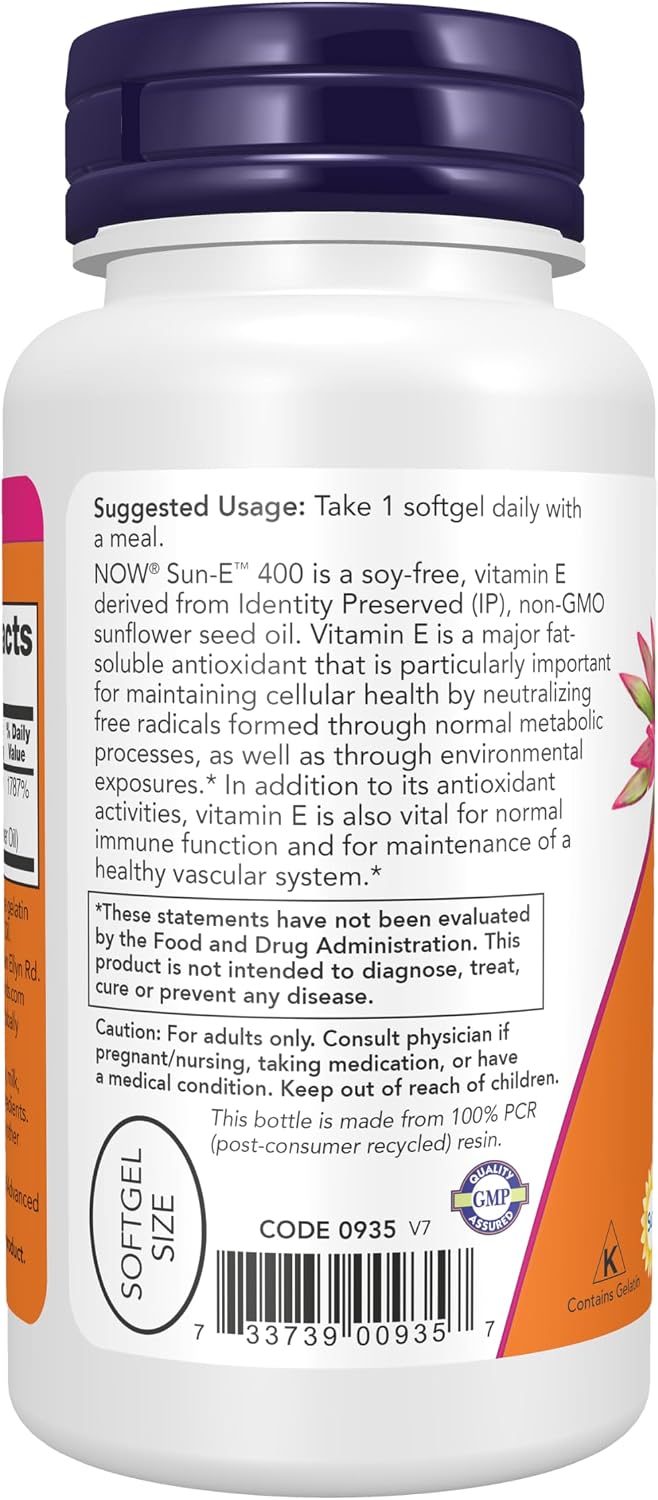 NOW Foods Supplements, Sun-E™ 400 IU with d-alpha Tocopherol from Non-GMO Sunflower Oil, 60 Softgels - görsel 3
