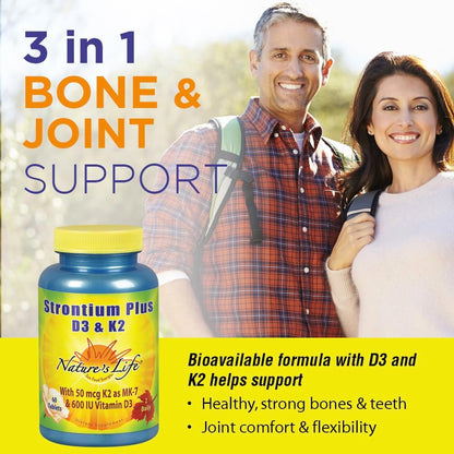 Nature's Life Strontium Plus D3 & K2 - Bone Support Food Supplement, 60 Tablets