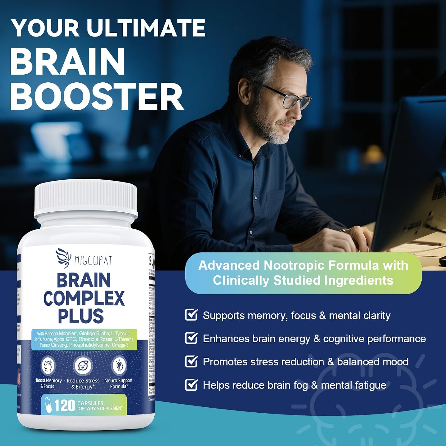Brain Supplement for Memory & Focus - Nootropic with Bacopa Monnieri, Lion's Mane, Alpha GPC, and Phosphatidylserine - 120 Capsules - görsel 4