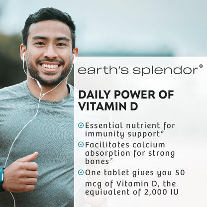 Earth's Splendor Vitamin D 2,000 IU – Immune Support and Bone Health – 75 Tablets