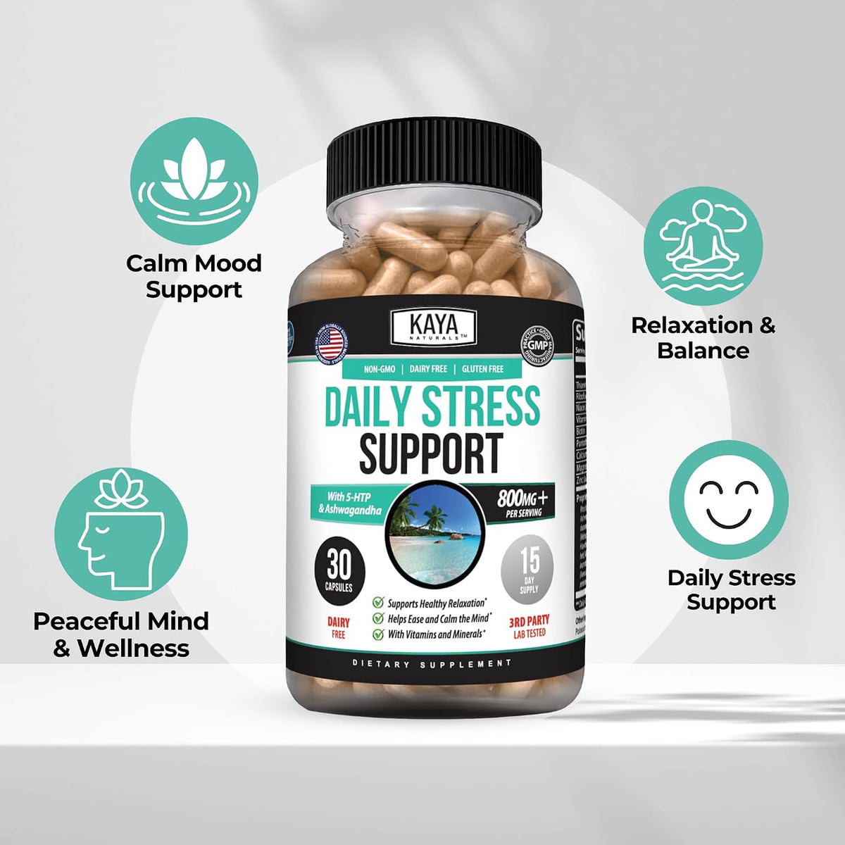 Kaya Naturals – Natural Herbal Stress Relief Support Vitamin Supplement to Relax and Calm the Mind – 30 Capsules - görsel 4