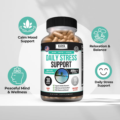 Kaya Naturals – Natural Herbal Stress Relief Support Vitamin Supplement to Relax and Calm the Mind – 30 Capsules