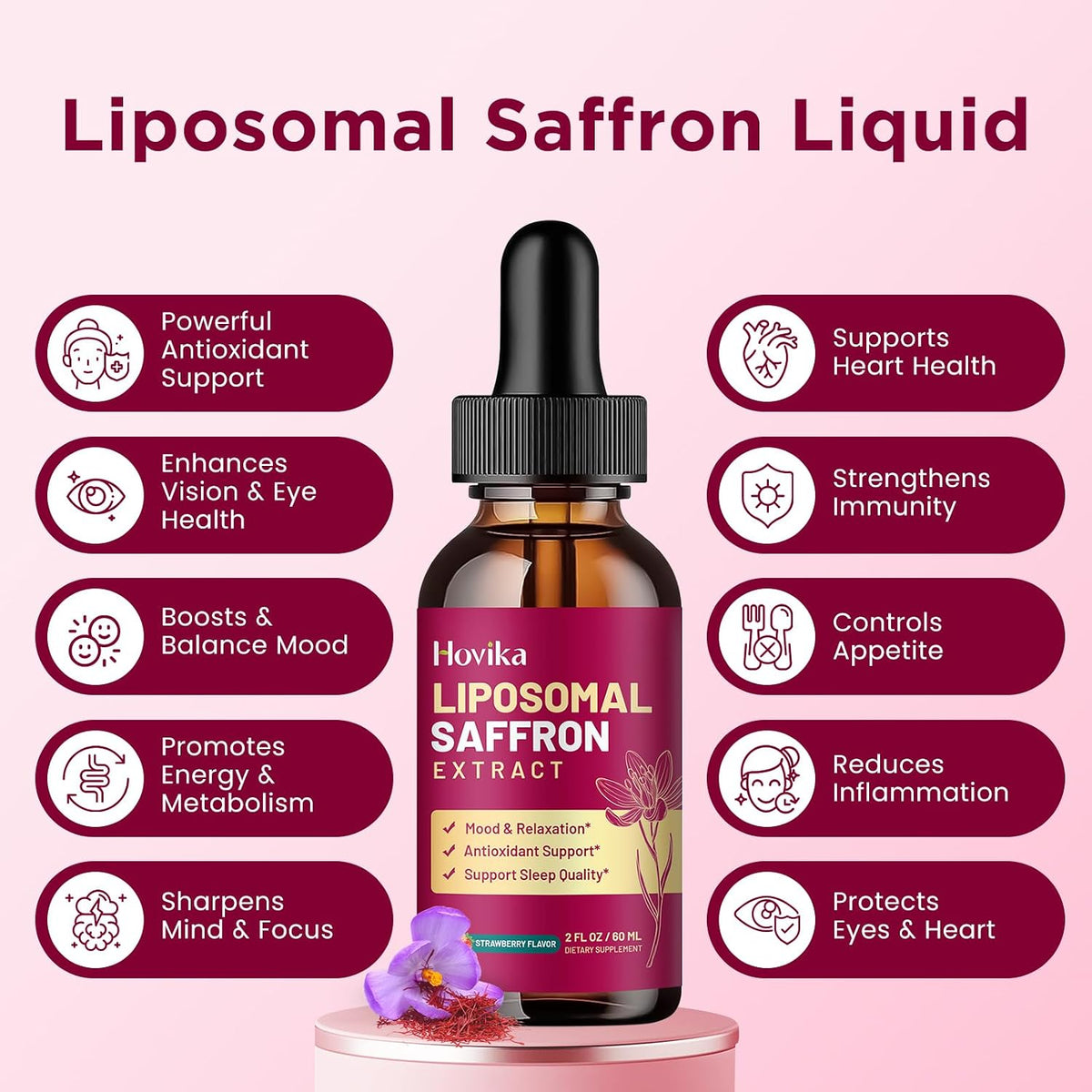 Liposomal Saffron Supplements - 88.5mg Saffron Extract Liquid Drops with L-Theanine, Chamomile, Vitamin C, B6, B12 & D3 for Antioxidant, Immune, Mood, Energy, Focus & Sleep - 60 ml Strawberry Flavour - görsel 3