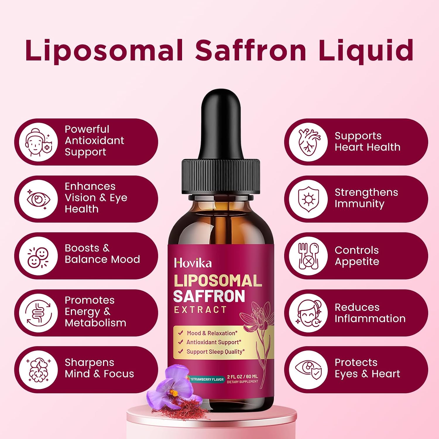 Liposomal Saffron Supplements - 88.5mg Saffron Extract with L-Theanine, Chamomile, Vitamin C, B6, B12 & D3 - Strawberry Flavour (2 Pack) - görsel 5