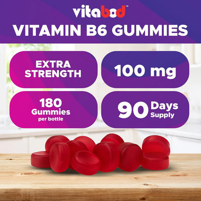 Vitabod Extra Strength Vitamin B6 Gummies 100mg – 180 Pectin-Based Gummies – Supports Energy Metabolism and Nervous System Health – Non-GMO