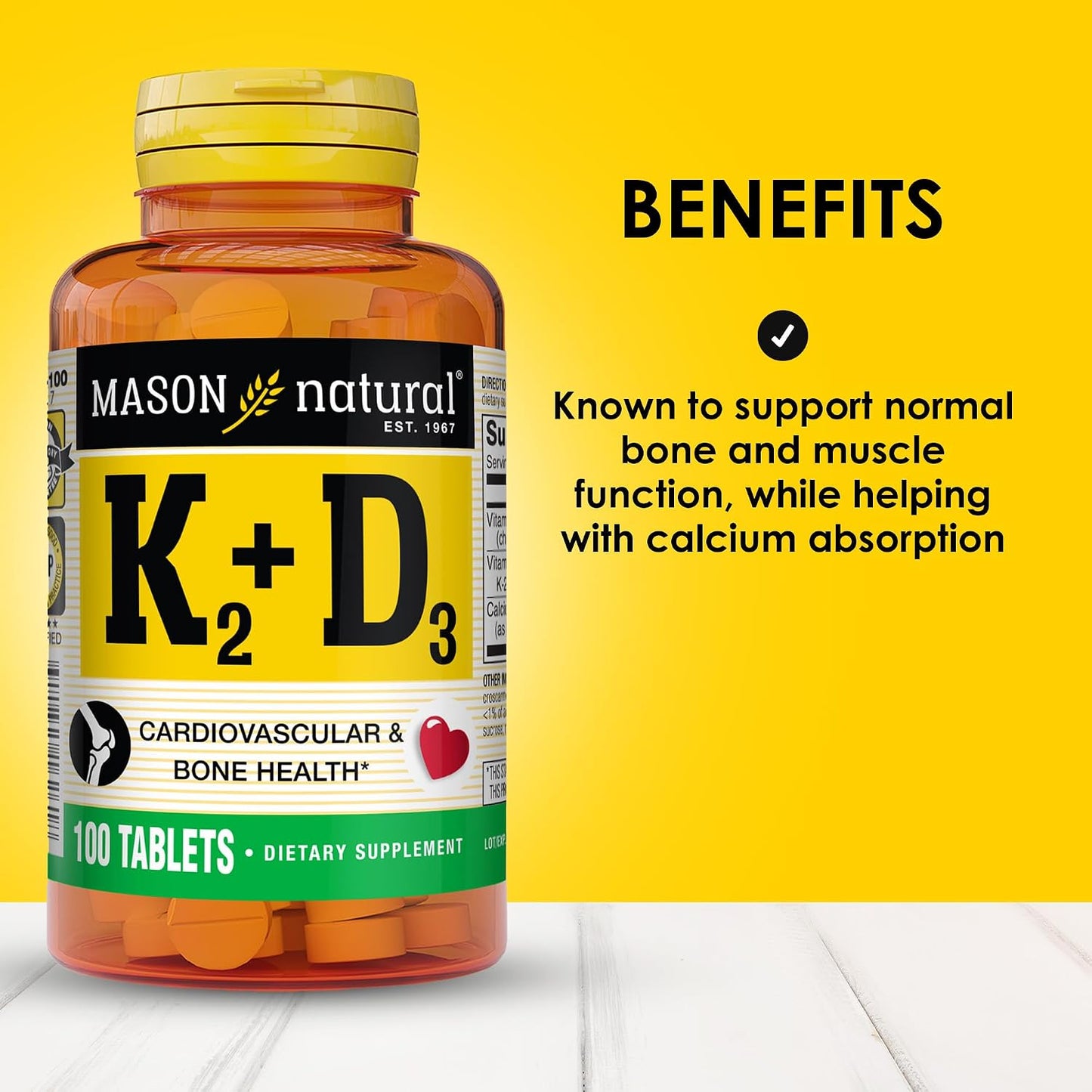 Mason Natural Vitamin K2 + D3, 100-Day Supply, with Calcium for Normal Bone and Muscle Support, Tablets - görsel 2