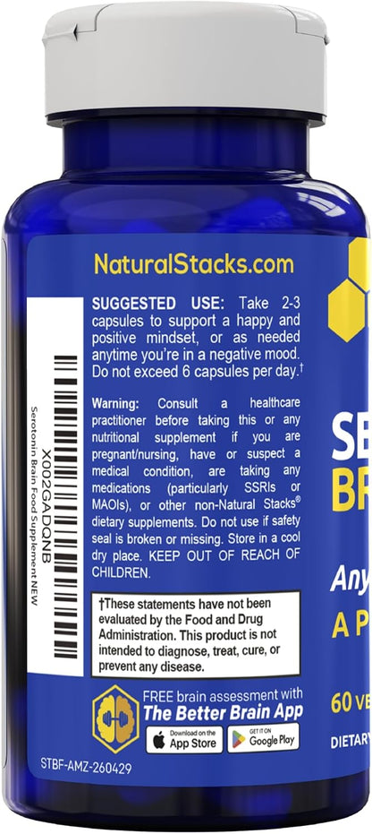 Serotonin Brain Food - 1250mg L-Tryptophan & 400mg Rhodiola Rosea Food Supplement - Mood Support with Magnesium Glycinate & Zinc - 60 Capsules
