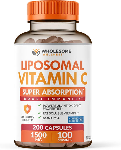 Wholesome Wellness Liposomal Vitamin C Capsules (200 Capsules, 1500mg per Serving) – High Absorption, Immune and Antioxidant Support