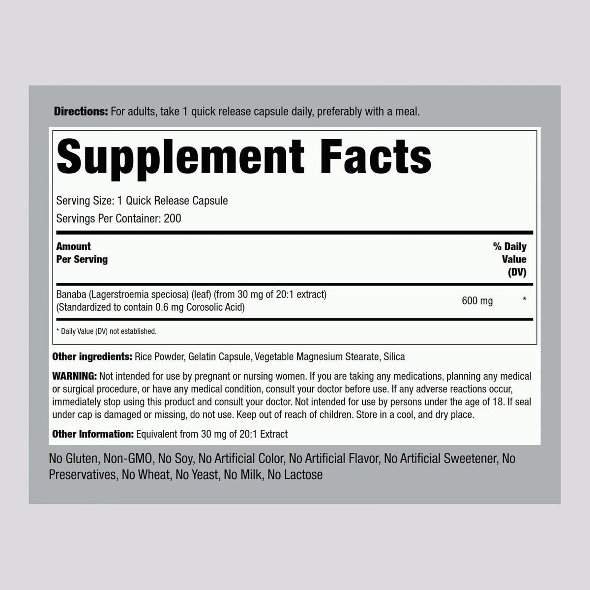Piping Rock Banaba Leaf Extract Capsules - Standardised to 0.6 mg Corosolic Acid, Non-GM, Gluten-Free, 200 Quick-Release Capsules - görsel 2