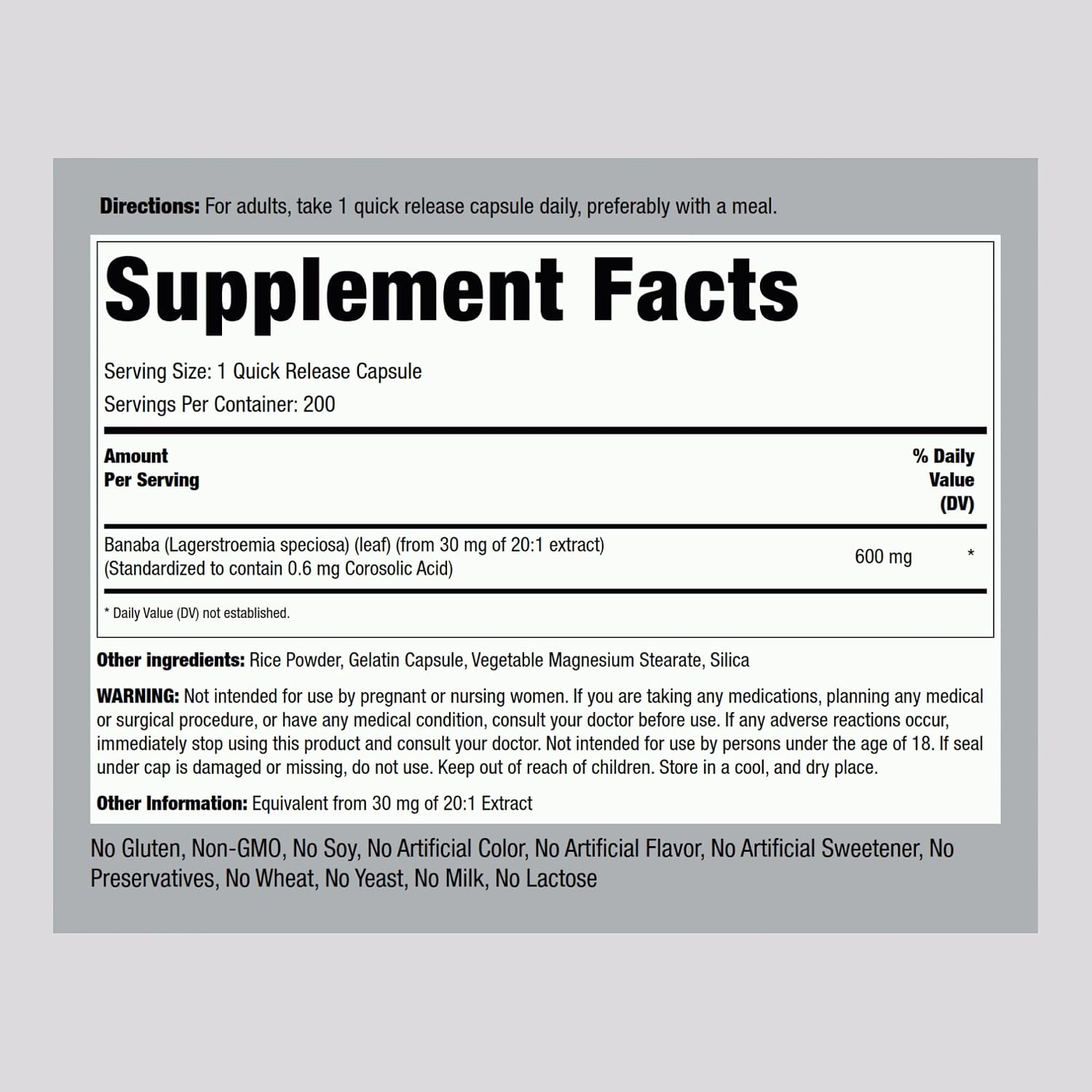 Piping Rock Banaba Leaf Extract Capsules - Standardised to 0.6 mg Corosolic Acid, Non-GM, Gluten-Free, 200 Quick-Release Capsules - görsel 2
