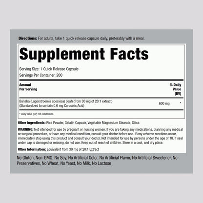 Piping Rock Banaba Leaf Extract Capsules - Standardised to 0.6 mg Corosolic Acid, Non-GM, Gluten-Free, 200 Quick-Release Capsules