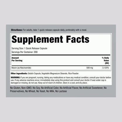 Piping Rock Niacinamide 500mg | 200 Capsules | Vitamin B3 Supplement