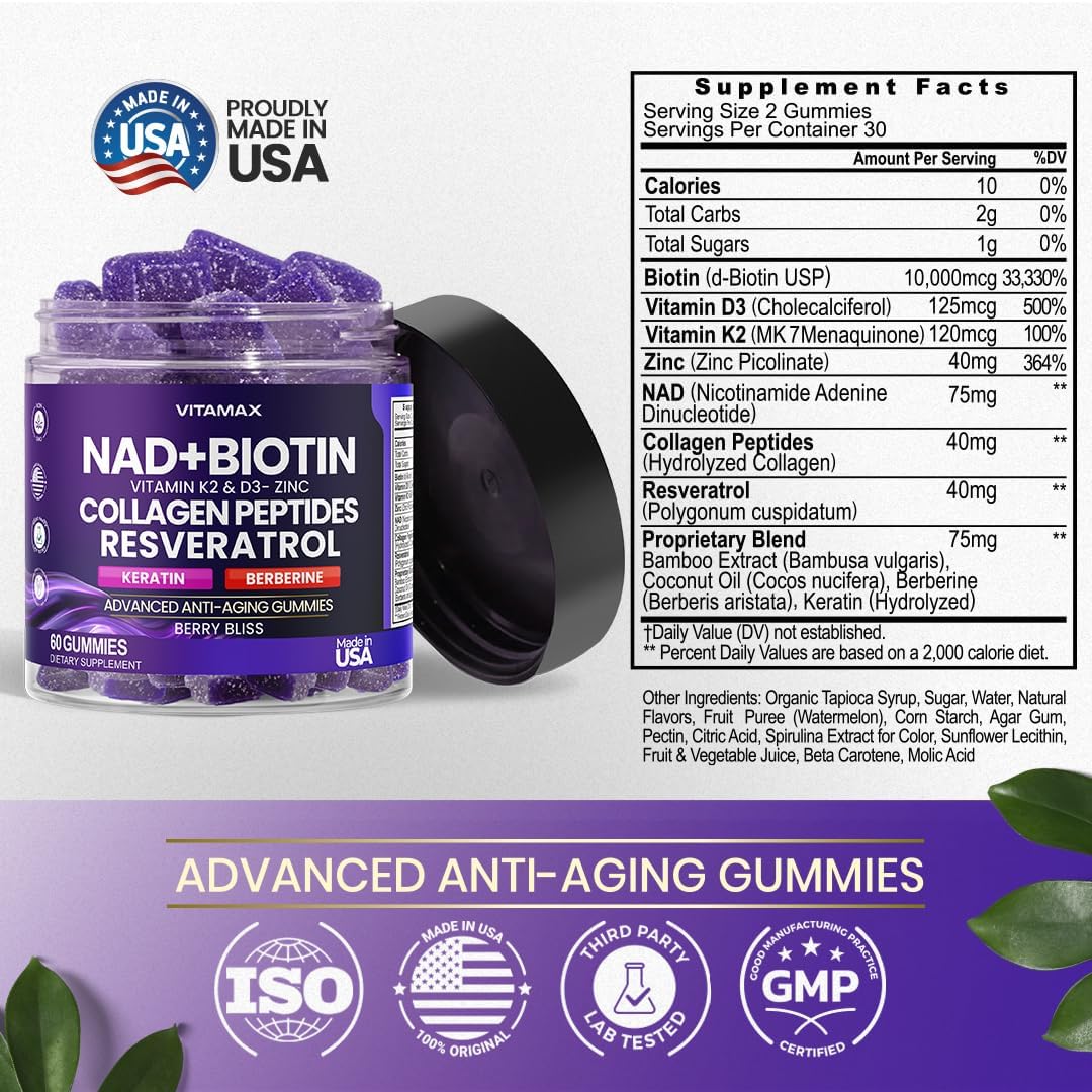 Vitamax NAD+ Resveratrol Berberine & Biotin Anti-Ageing Gummy - Hair, Skin, Nails & Joint Support - 60 Count - görsel 5