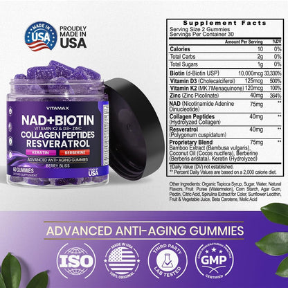 Vitamax NAD+ Resveratrol Berberine & Biotin Anti-Ageing Gummy - Hair, Skin, Nails & Joint Support - 60 Count