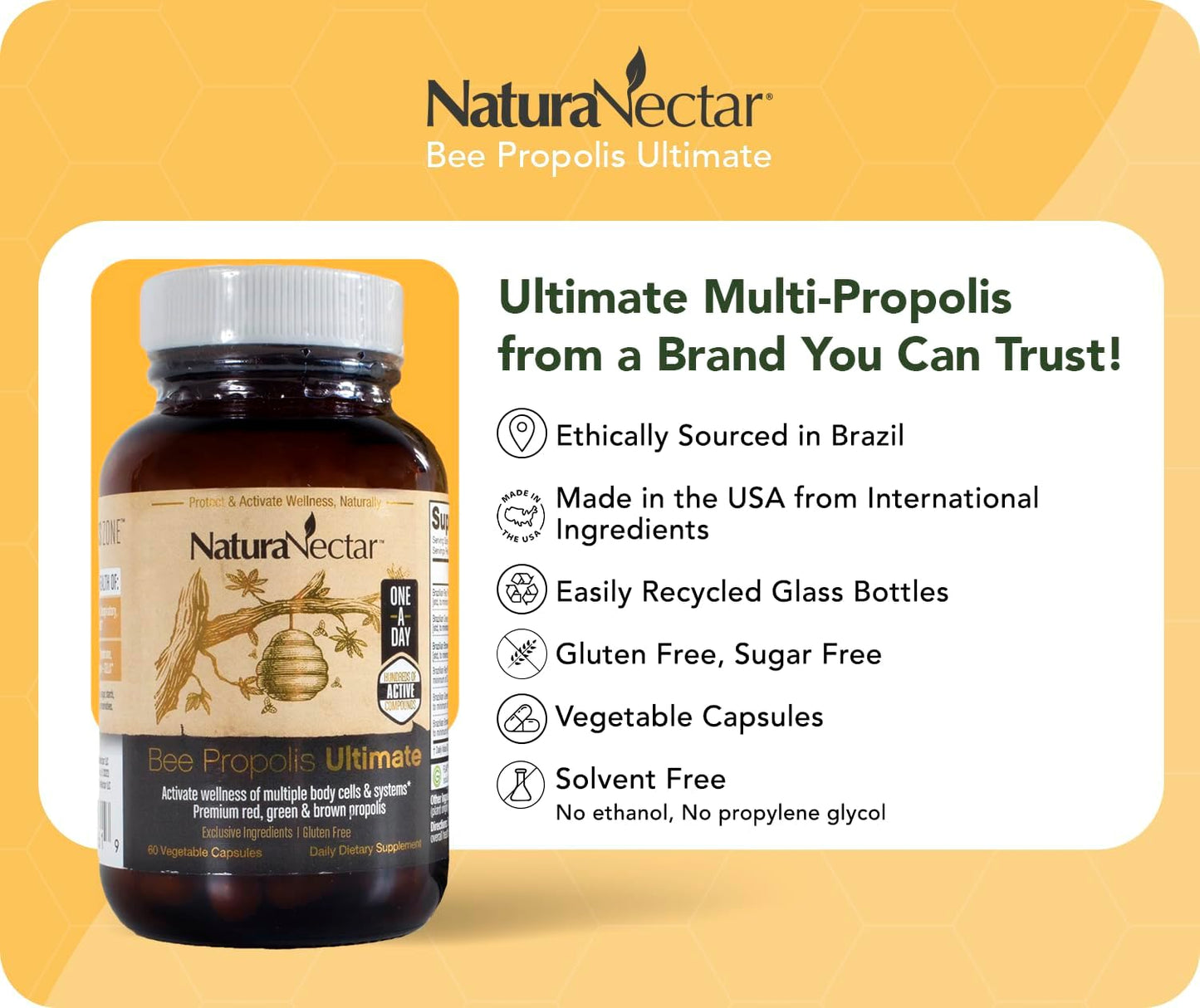 NaturaNectar Ultimate Bee Propolis Capsules – NSF Contents Certified – Brazilian Red, Brown & Green – Gluten-Free Supplement with Flavonoids (60 Capsules) - görsel 3