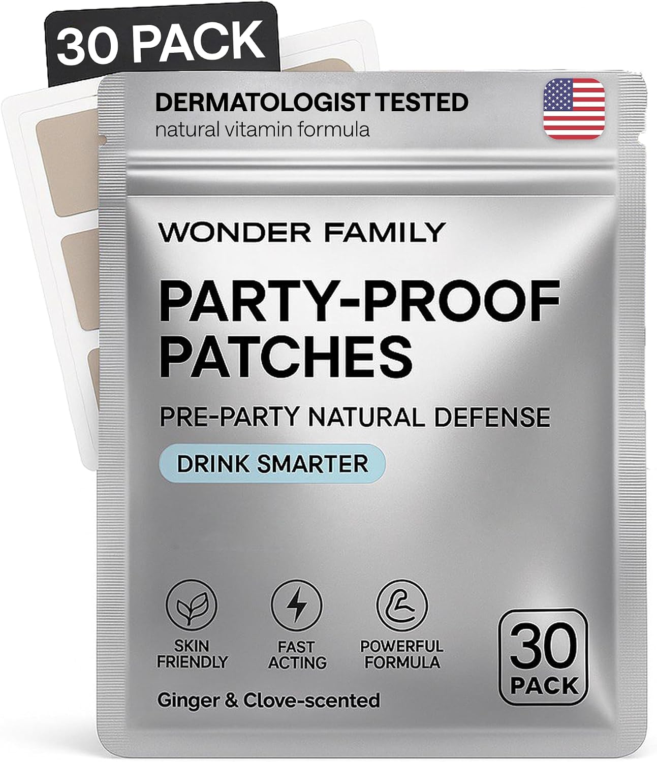 WONDER FAMILY Recovery Patches for Women & Men – Clear Mornings After Parties and Nights Out – Contain Vitamins A, C, D, E, & B, Ashwagandha, Boswellia, Glutathione, Milk Thistle Extract (Silver) - görsel 1