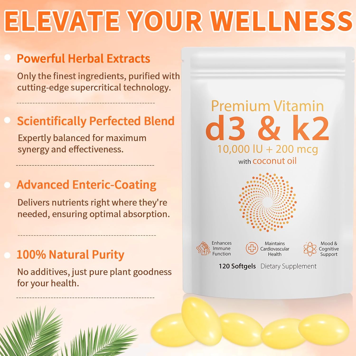 Nyloriaine Vitamin D3 K2 120 Soft gel capsule Capsules with Coconut Oil - görsel 2