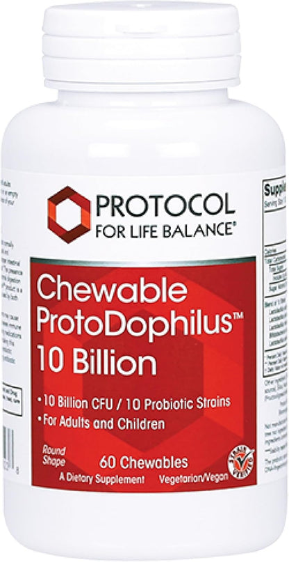PROTOCOL FOR LIFE BALANCE Chewable Protodophilus - 10 Billion CFU Probiotic - Chewable Tablet for Adults & Kids - for Digestive Health & Immune Support* - Vegan & Halal - 60 Chewables