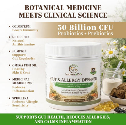 30 Billion CFU Probiotics for Dogs – Gut & Allergy Defence Chews with Quercetin, Colostrum, Turmeric, Mushrooms – 90 Soft Chews – Made in USA