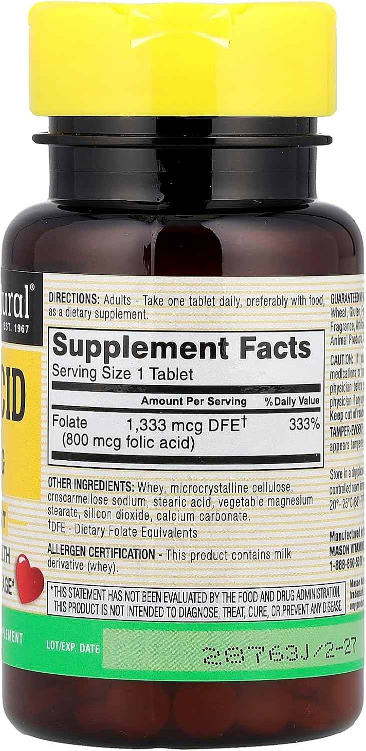 Mason Natural Folic Acid Tablets, 0.8 mg (800 mcg), 100 Tablets - görsel 2