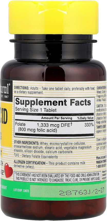 Mason Natural Folic Acid Tablets, 0.8 mg (800 mcg), 100 Tablets