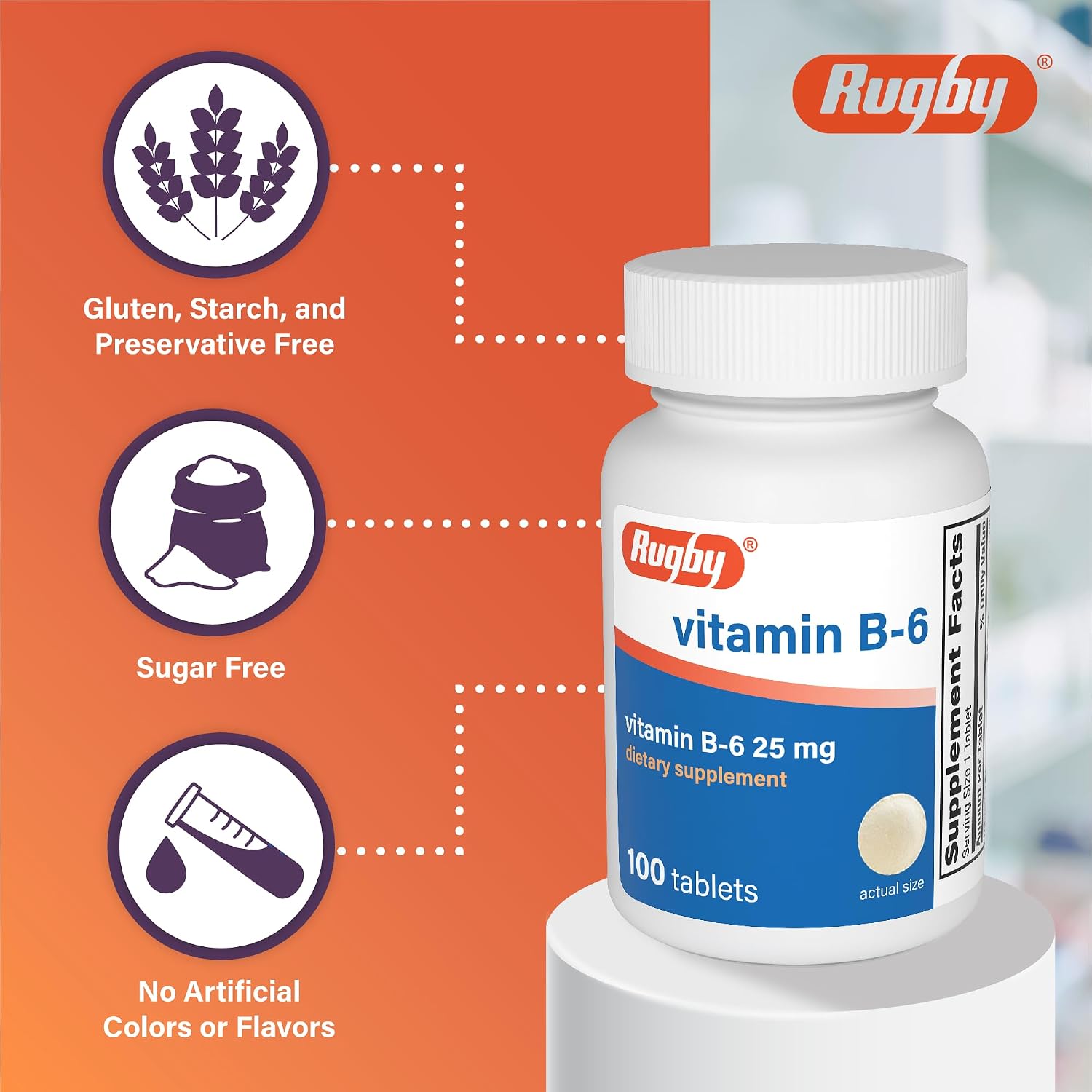 Rugby Vitamin B-6 Tablets - 25mg of Vitamin B6 - Food Supplement - 100 Count (2 Pack) - görsel 4
