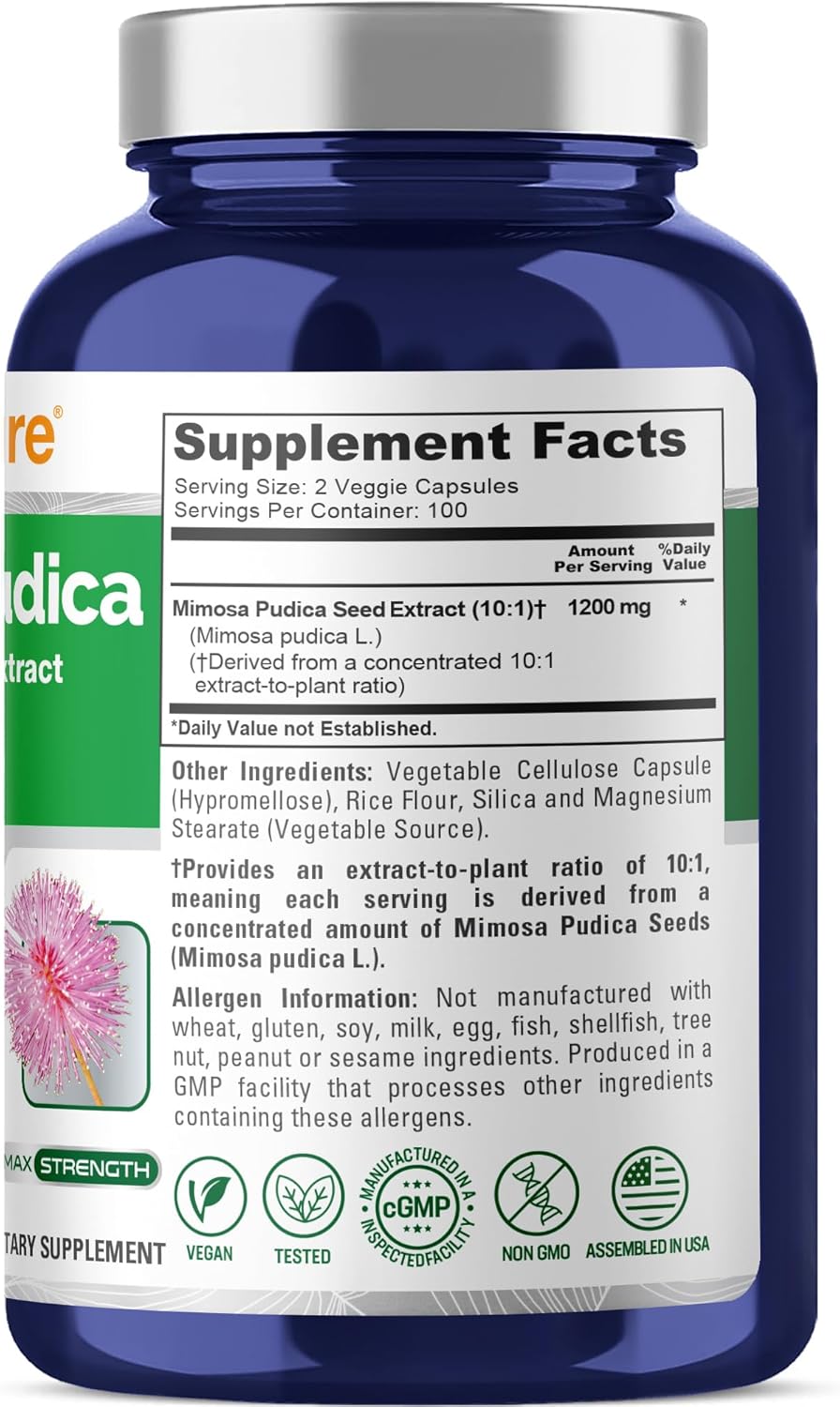 NusaPure Mimosa Pudica Capsules, 1200 mg, – Convenient Serving Size: With 200 capsules per bottle, you get 100 – Image 2