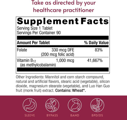 Bariatric Advantage SpeedyMelts B12 1000 mcg - Fast-Dissolving with 200 mcg Folic Acid - Peppermint Flavour - 90 Count