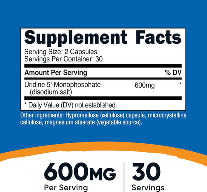 Nutricost Uridine Monophosphate (UMP) 60 Capsules, 600 mg per Serving - Vegan, 30 Servings
