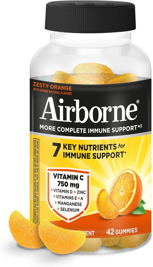 Airborne Immune Support Gummies, Zesty Orange Flavour, 42 ct - 750 mg Vitamin C + Vitamins A, D & E + Zinc, Selenium, and Manganese | with Herbal Blend | Naturally Flavoured