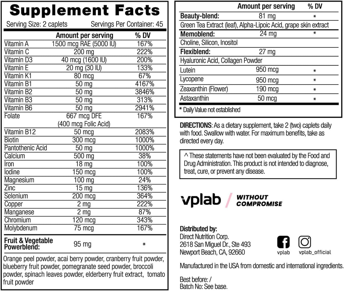 VPLab Ultra Women's Multivitamin Formula - Supplement for Hair, Skin & Nails with Biotin, Iron, Vitamin B, D, C & Zinc, Folate - Daily Women's Health & Wellbeing, 90 Caplets - görsel 2