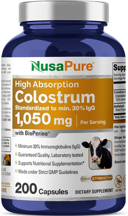 NusaPure Colostrum 1050 mg 30% IgG 200 Capsules with Bioperine