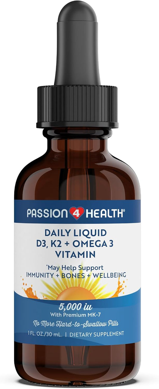 Passion 4 Health Organic Liquid Vitamin D3 K2 (MK-7) & Omega-3 Supplement – Liquid Vitamin D Drops (5000 IU) – For Healthy Bones and Muscles