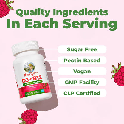 MaryRuth's Vitamin D3 + B12 Gummies - Sugar Free, Vegan, 60 Chewable Gummies
