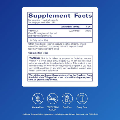 Pure Encapsulations Vitamin A - 3,000 µg - from Cod Liver Oil - Immune & Vision Support - Vitamin A Palmitate - Non-GM - 120 Softgels