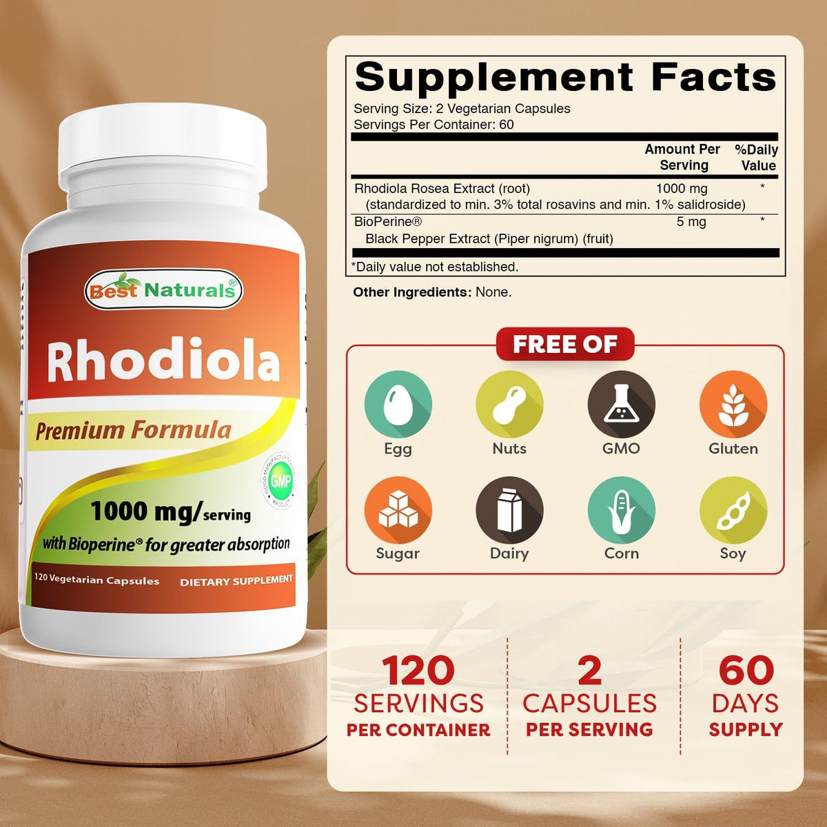Best Naturals Rhodiola with Bioperine 1000mg - 120 Veggie Capsules - görsel 2