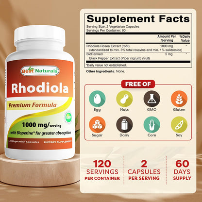 Best Naturals Rhodiola with Bioperine 1000mg - 120 Veggie Capsules
