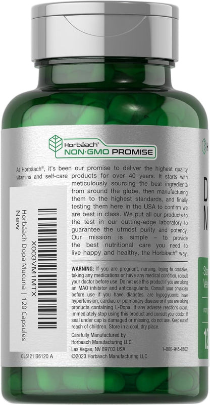 Horbäach Dopa Mucuna Supplement | 120 Capsules | Velvet Bean Herbal Extract | 15% L-Dopa | Non-GMO & Gluten-free