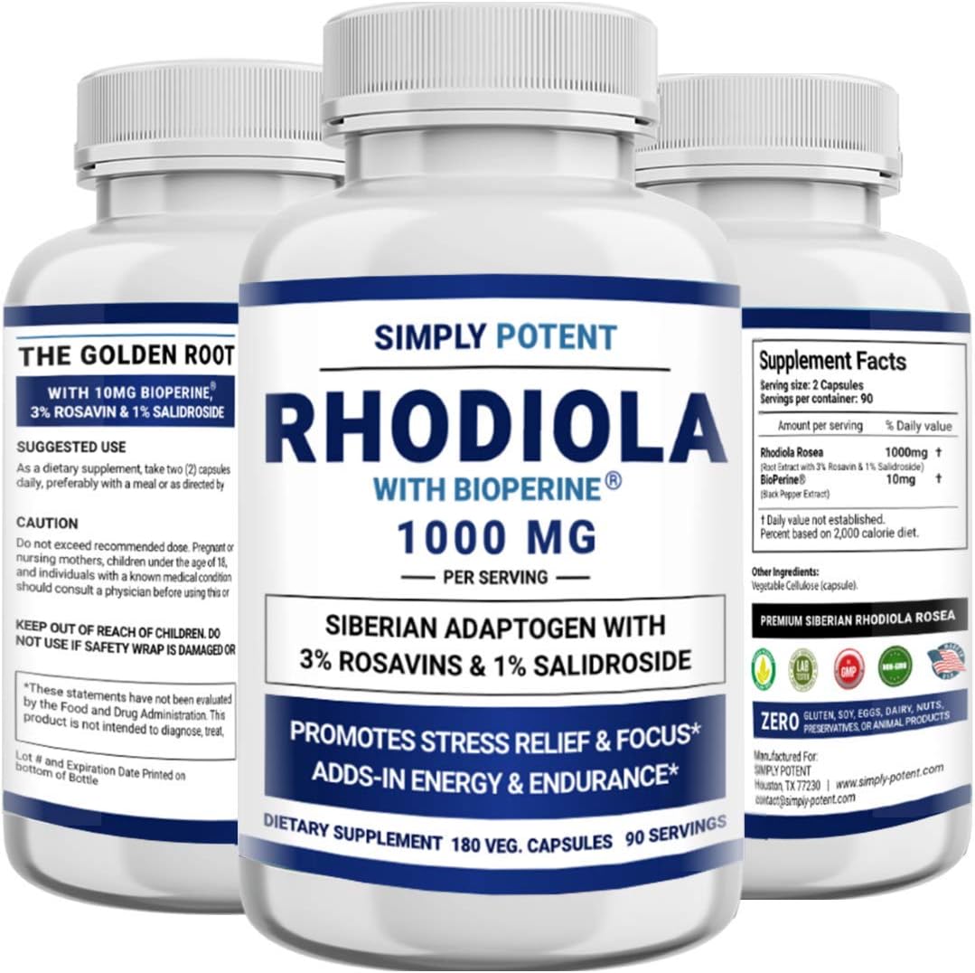 Simply Potent Siberian Rhodiola Rosea Capsules – 1000mg per Serving with BioPerine, 180 Capsules - görsel 1