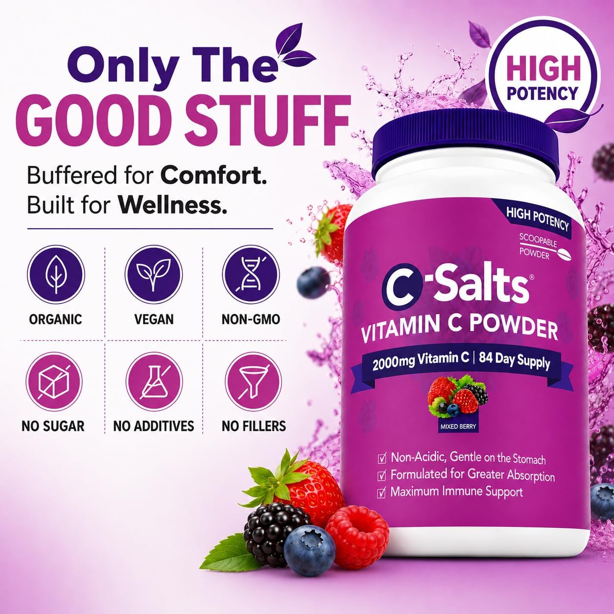 C-Salts Buffered Vitamin C Powder – Organic, Stomach-Friendly Vitamin C Drink – Mixed Berry, 227g (84 Servings) - görsel 7