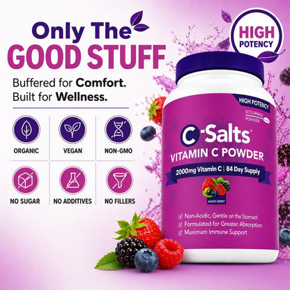 C-Salts Buffered Vitamin C Powder - Pure Organic, Stomach Friendly Ascorbic Acid - Mixed Berry, 227 g (84 Servings)