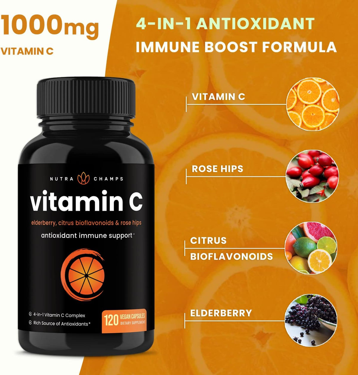 NutraChamps Vitamin C with Rose Hips, Elderberry & Citrus Bioflavonoids – 1000 mg, Vegan Capsules - görsel 3