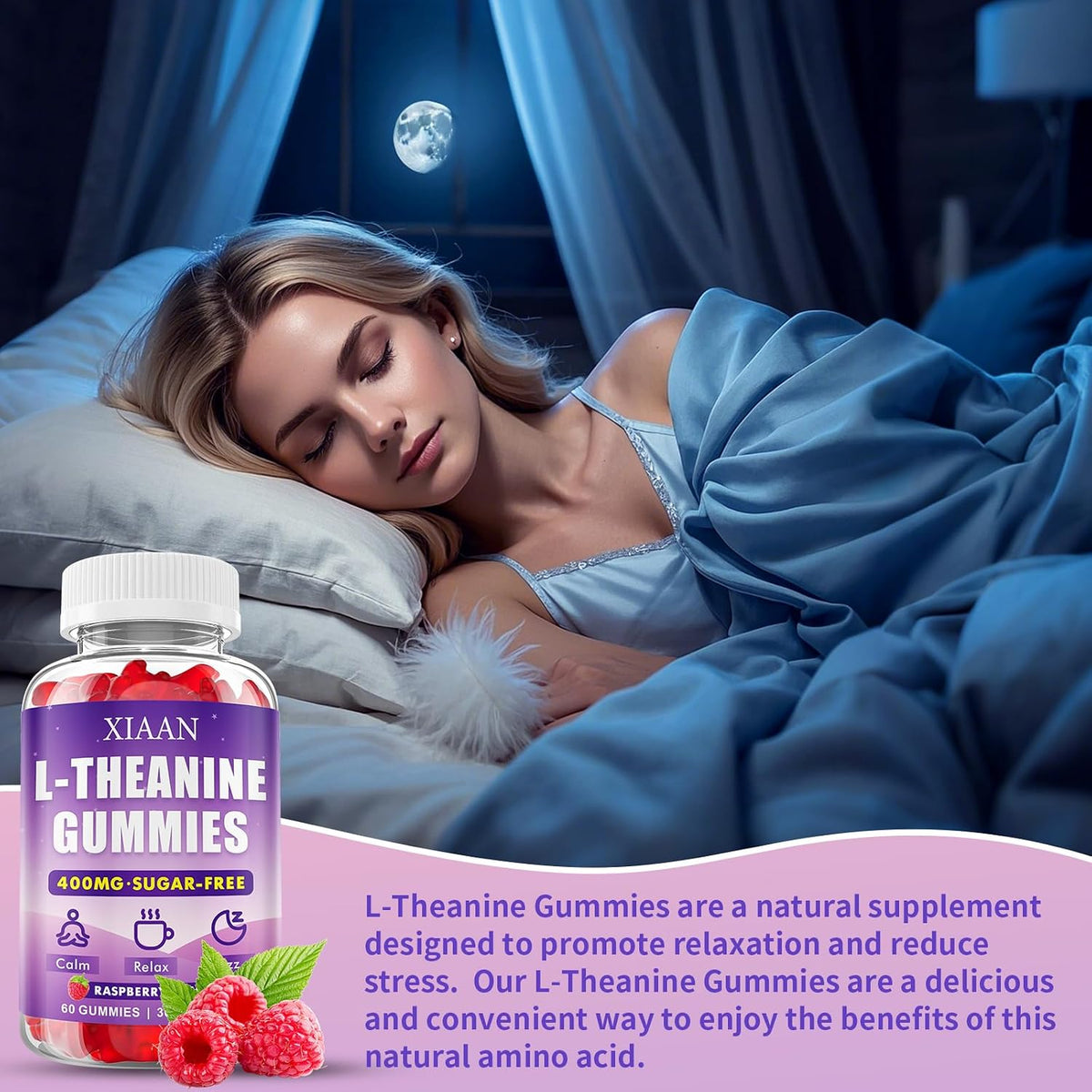 XIAAN L-Theanine Gummies for Kids & Adults, 400mg L-Theanine Supplement for Calm, Relaxation, and Sleep Support, Vegan, Organic, Raspberry Flavour, 60 Counts - görsel 4