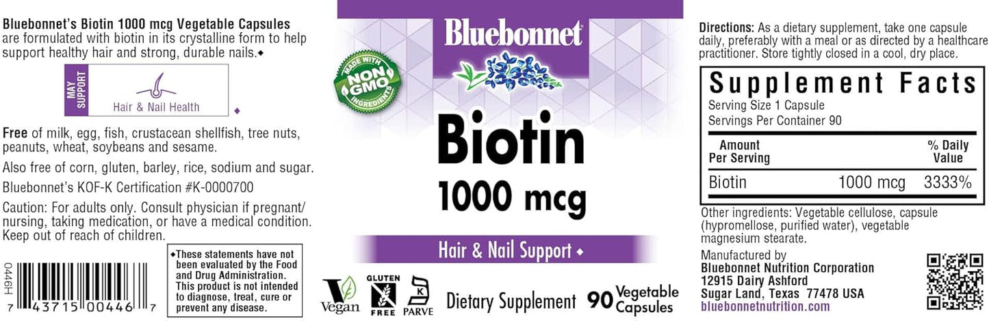 Bluebonnet Nutrition Biotin 1000 mcg, 90 Vegetable Capsules - görsel 2